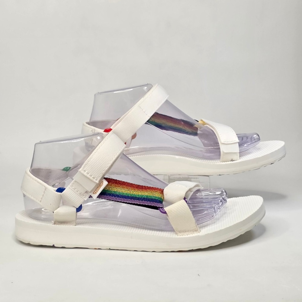 Teva Original Universal Pride Sandals Women's Size 9 White Rainbow Straps Shoes